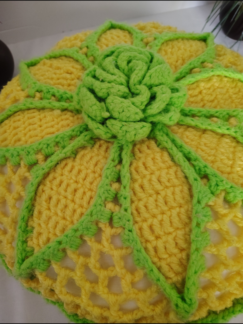 Handmade Yellow and Green Crochet Decorative Pillow Cover - Home Accents